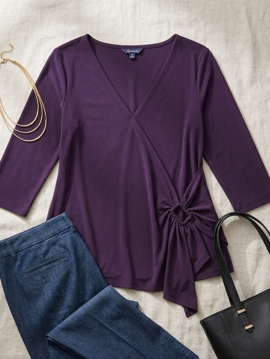 Reitmans Tops - Reitmans XL Deep Plum Wrap Top Geometric Ring Accent 80s Style Minimalist Chic
